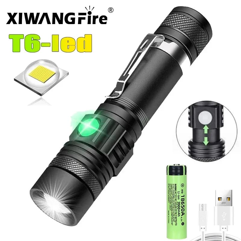 Torce a LED ad alta potenza Torcia da campeggio zoomabile con perline lampada a LED T6 Impermeabile 4 modalità di illuminazione Caricatore USB multifunzione