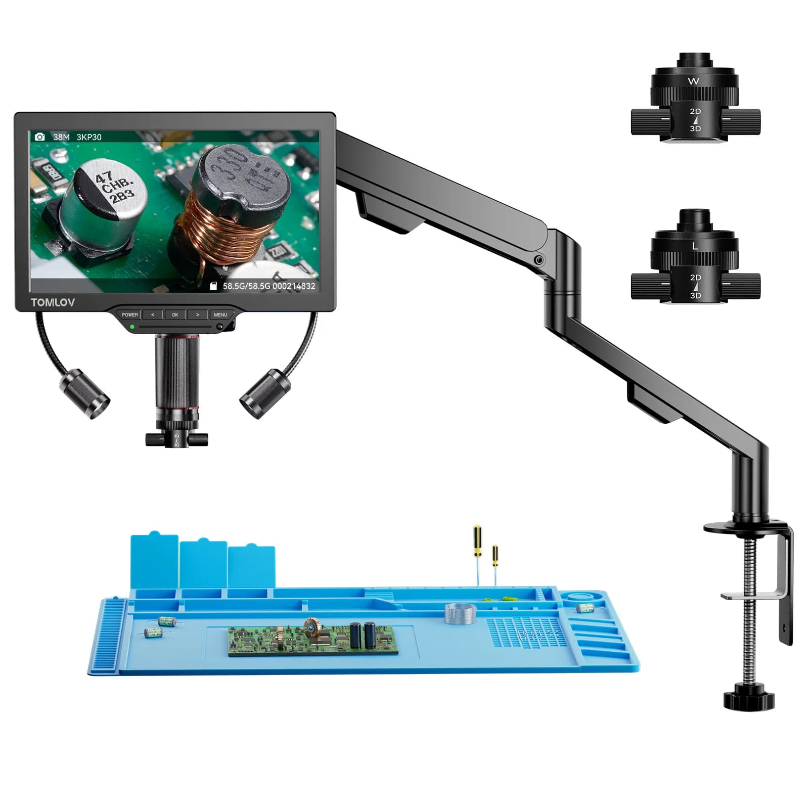 TOMLOV Microscopio 3D TM3K-3D 7 "3K HDMI Riparazione elettronica Microscopio Magnetico Doppia lente Braccio flessibile Anello luminoso Strumento di saldatura