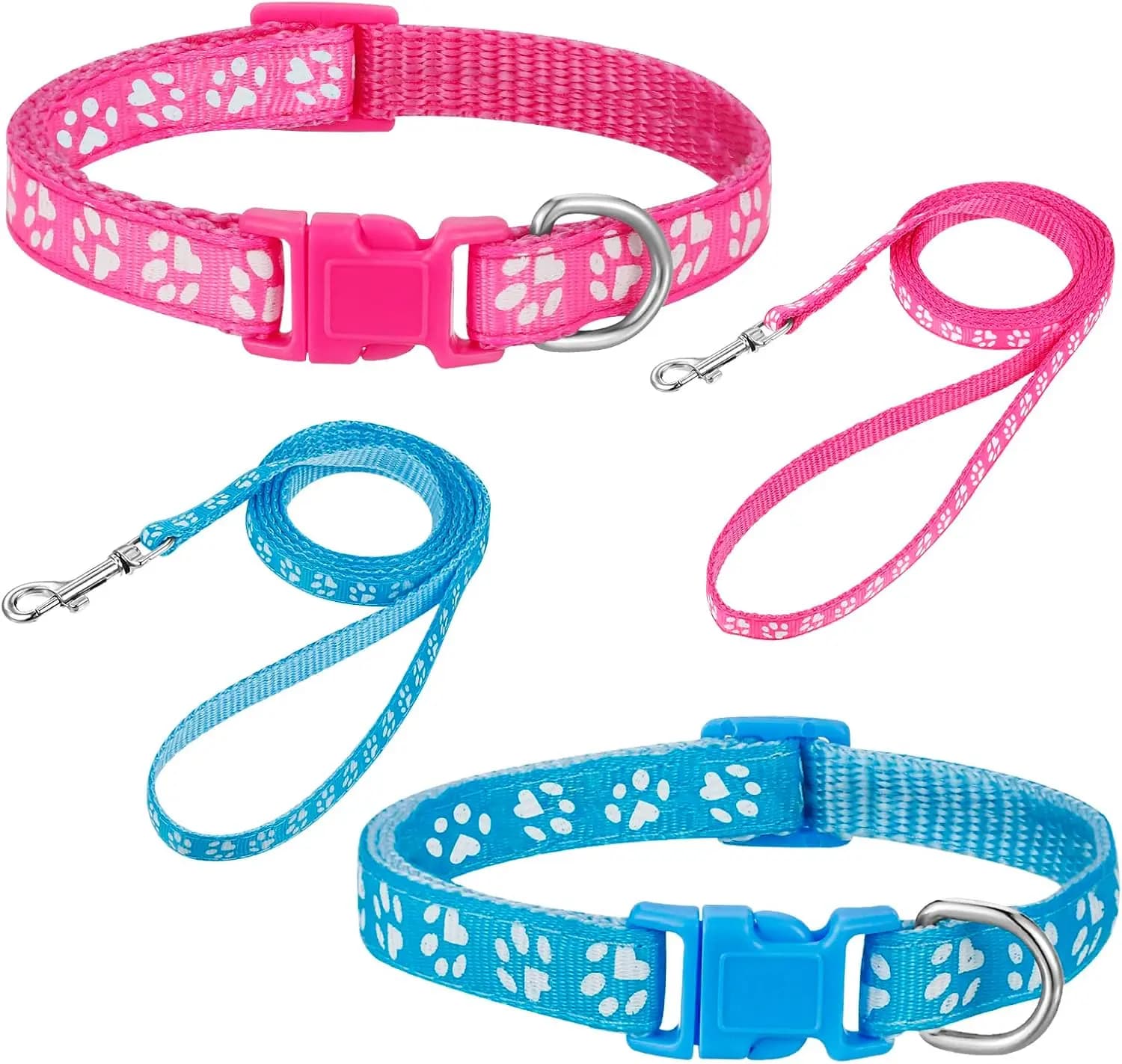 Set di 2 Collari e Guinzagli Regolabili per Cani con Fibbia a Sgancio Rapido, Design con Impronte di Zampe in Morbido Nylon per Cuccioli e Cani Piccoli