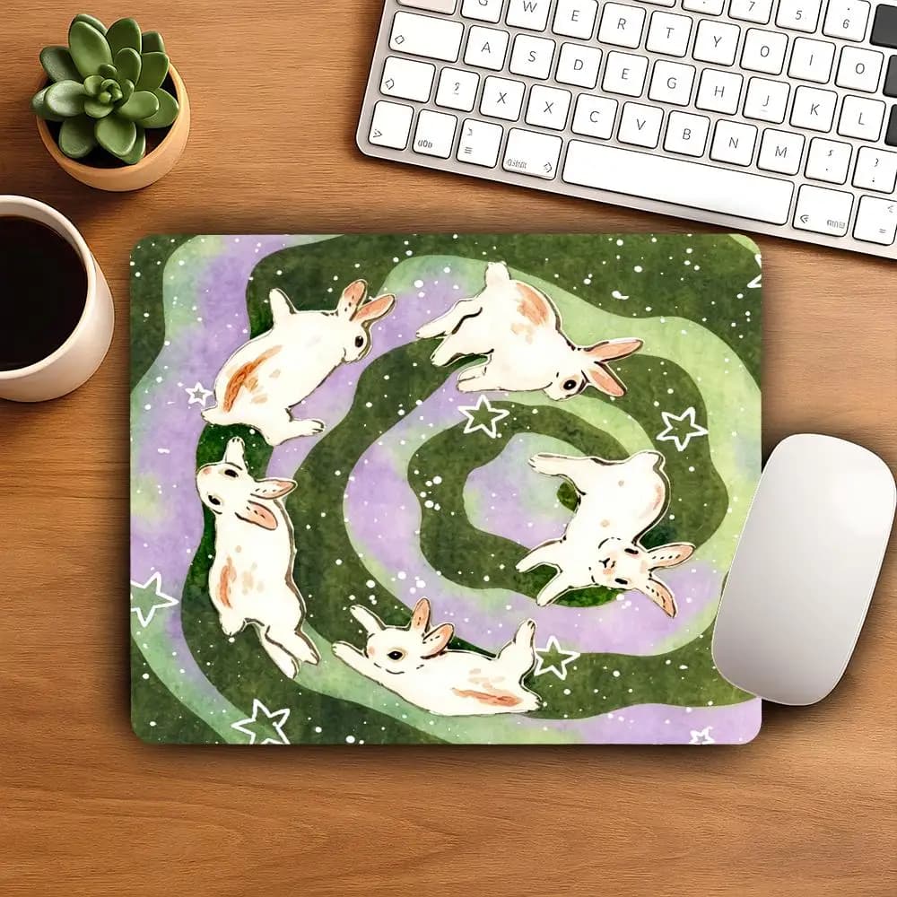 HYBXAXC Tappetino per mouse piccolo a spirale con coniglietto e cielo stellato ad acquerello, tappetino da scrivania in gomma antiscivolo per decorazioni per ufficio, gaming e laptop