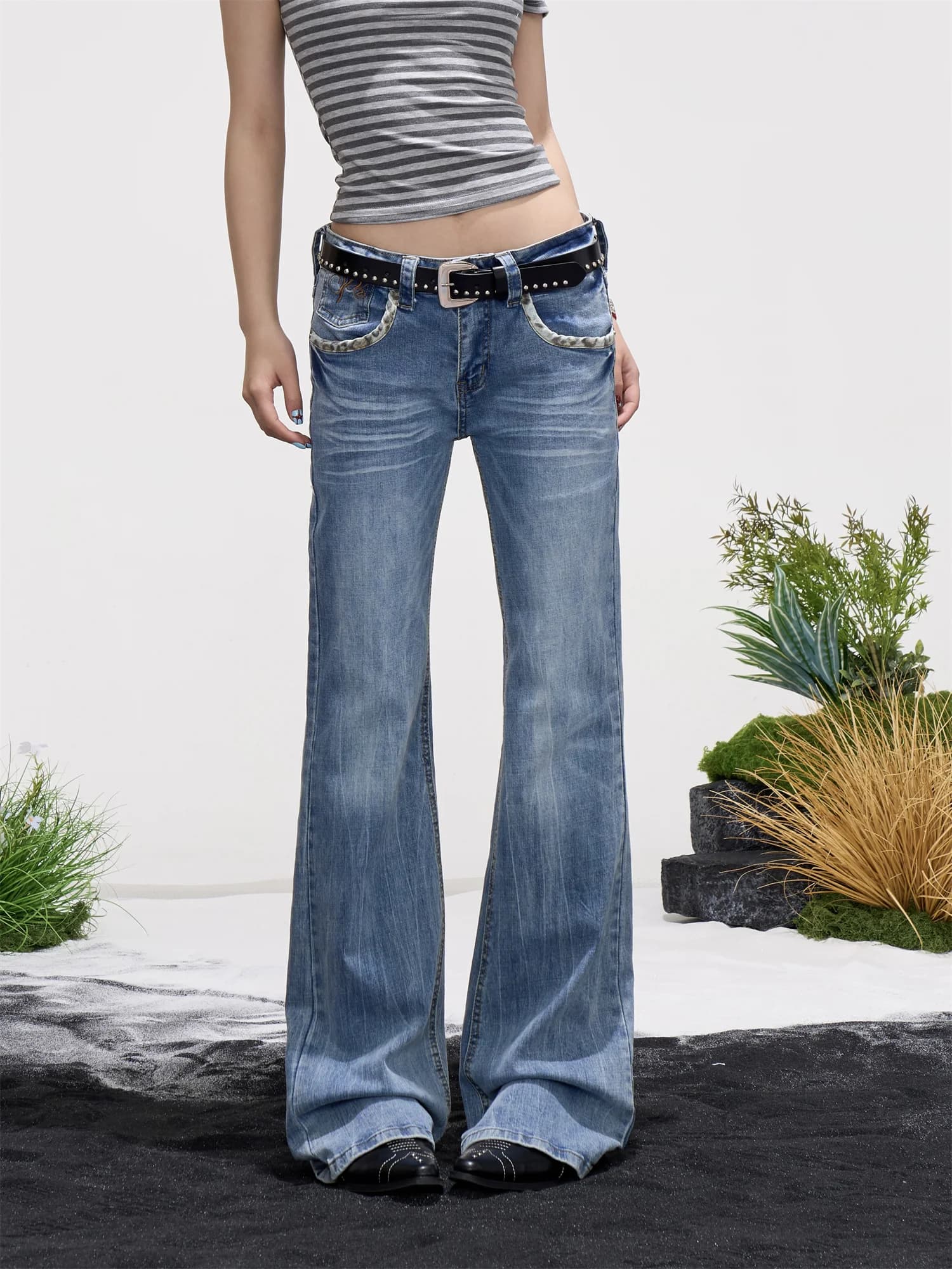 Slim Fit High Waist Denim Jeans Women's Micro Flared Bootcut Jeans Leopard Print Patchwork Washed American Retro Hot Girl Pants