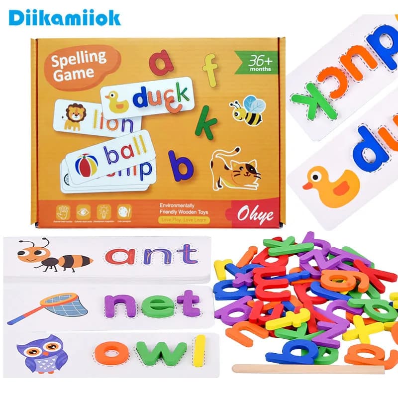 52 pezzi alfabeto inglese ortografia parola giocattoli educativi in legno per bambini puzzle per bambini giochi Montessori con 28 carte di apprendimento