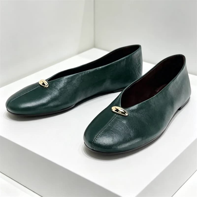 Ballerine di Lusso con Decorazione in Metallo, Sneakers in Pelle Verde per Donne, Suola Leggera e Morbida, Mocassini Comodi per Signore