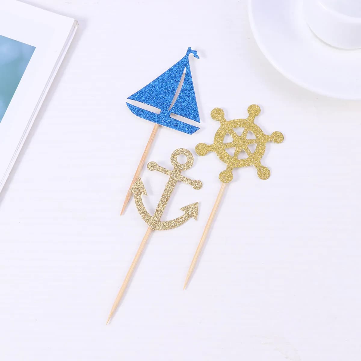 24 Pezzi Decorazioni per Torte a Tema Nautico, Topper per Cupcake a Forma di Barca e Ancora, Accessori per Feste di Compleanno e Matrimoni