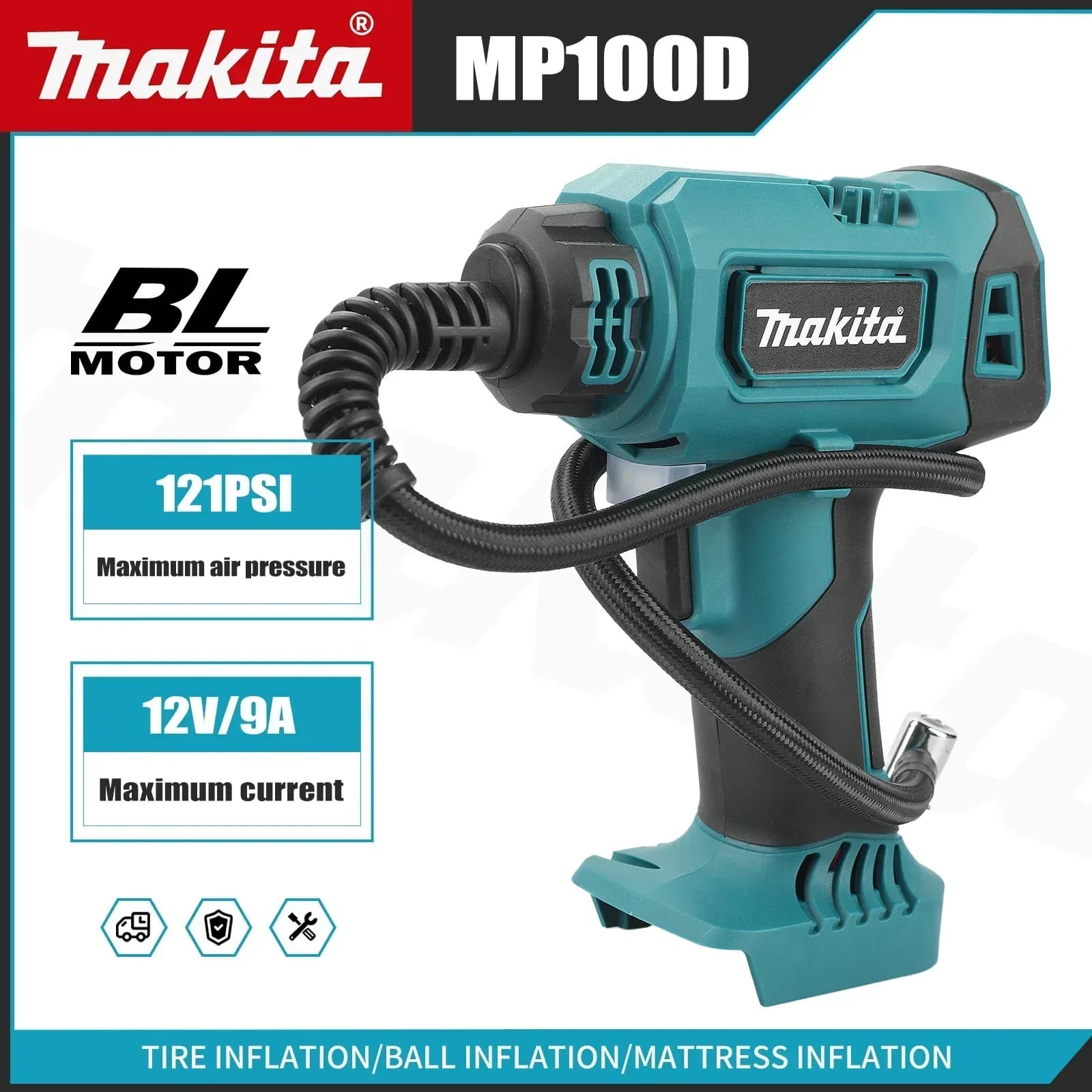 Compressore d'Aria Portatile Makita DYS60, Gonfiatore Automatico Senza Fili, Pompa Elettrica per Pneumatici Auto Compatibile con Batteria Makita 18V
