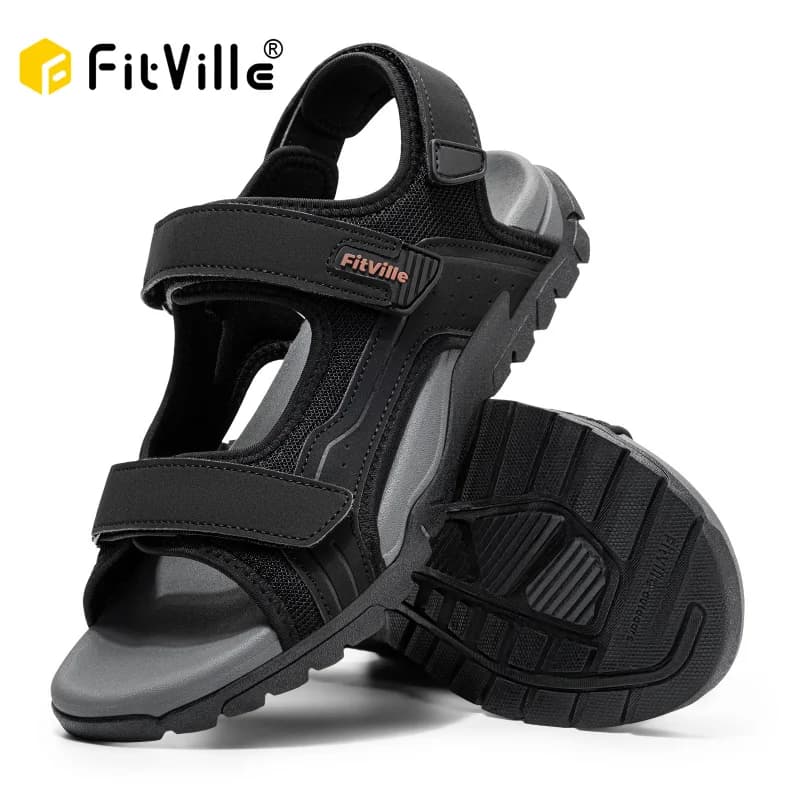 FitVille Mens Athletic Sandal Wide Toe Box Walking Sandals For Men With Arch Support Cushion Slip-Resistant Beach Sandals