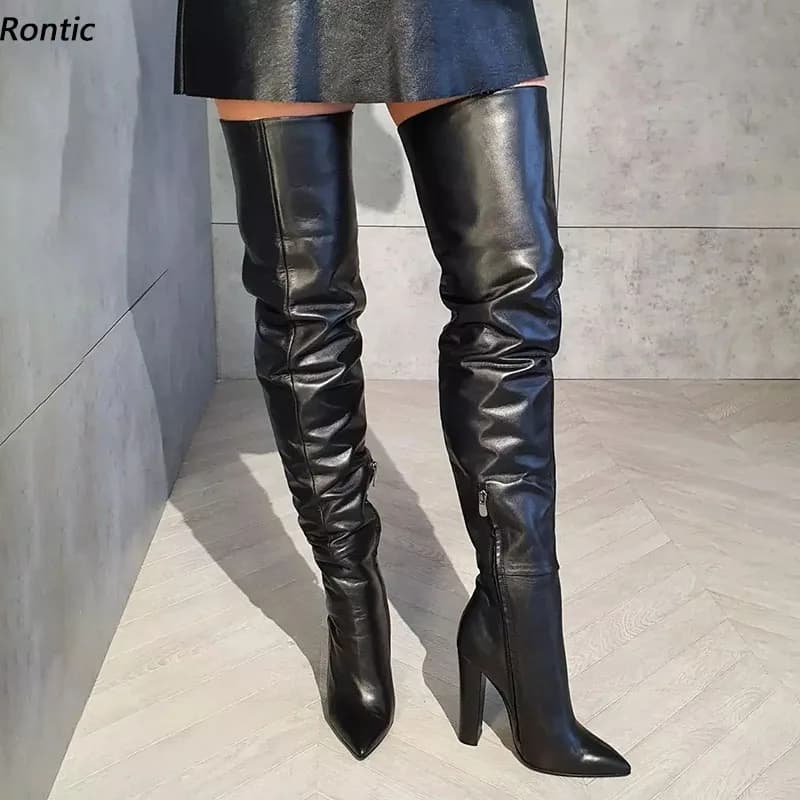 Rontic nuove donne di moda stivali invernali alla coscia cerniera laterale opaca tacchi grossi punta a punta eleganti scarpe casual nere taglia USA 5-15
