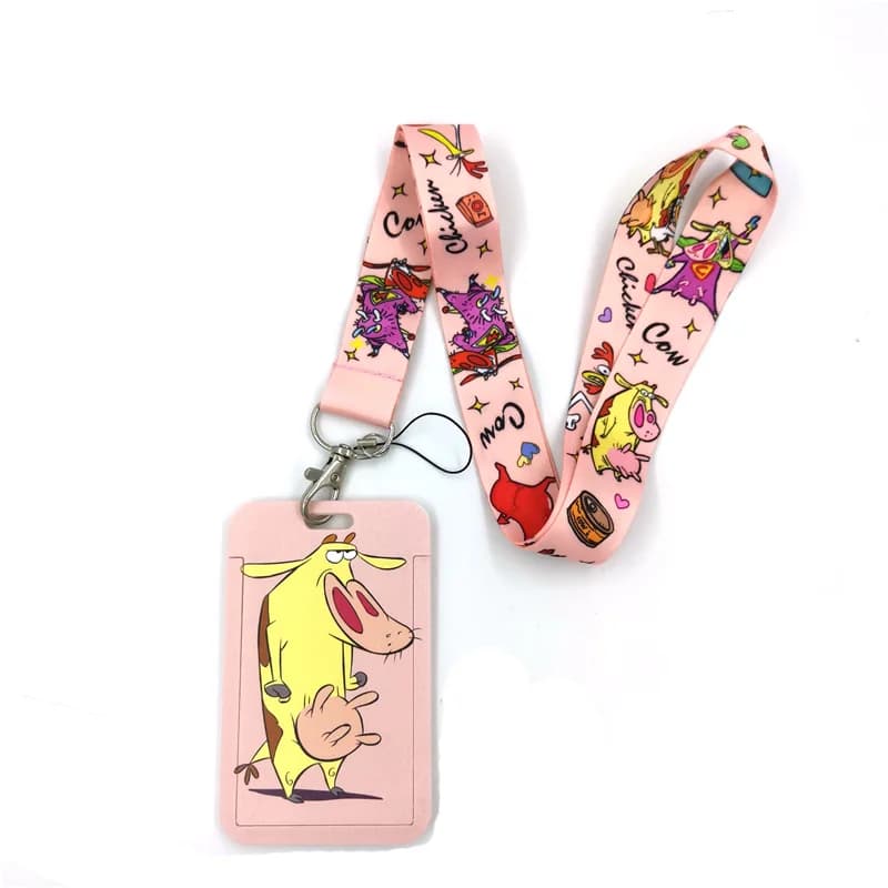 Pink Chicken and cows Lanyard Credit Card ID Holder Bag Student Women Travel Card Cover Badge Keychain Decorations