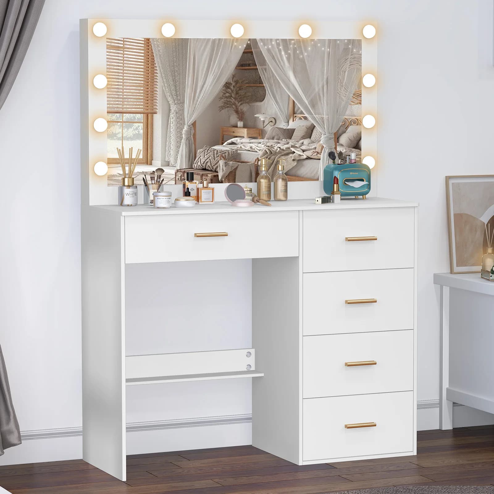 Toeletta bianca con grande specchio Hollywood, 11 lampadine a LED, scrivania per trucco