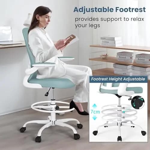 Sedia da disegno ergonomica azzurra con poggiapiedi regolabile, supporto lombare, braccioli ribaltabili e regolazione dell'altezza di 7 cm per