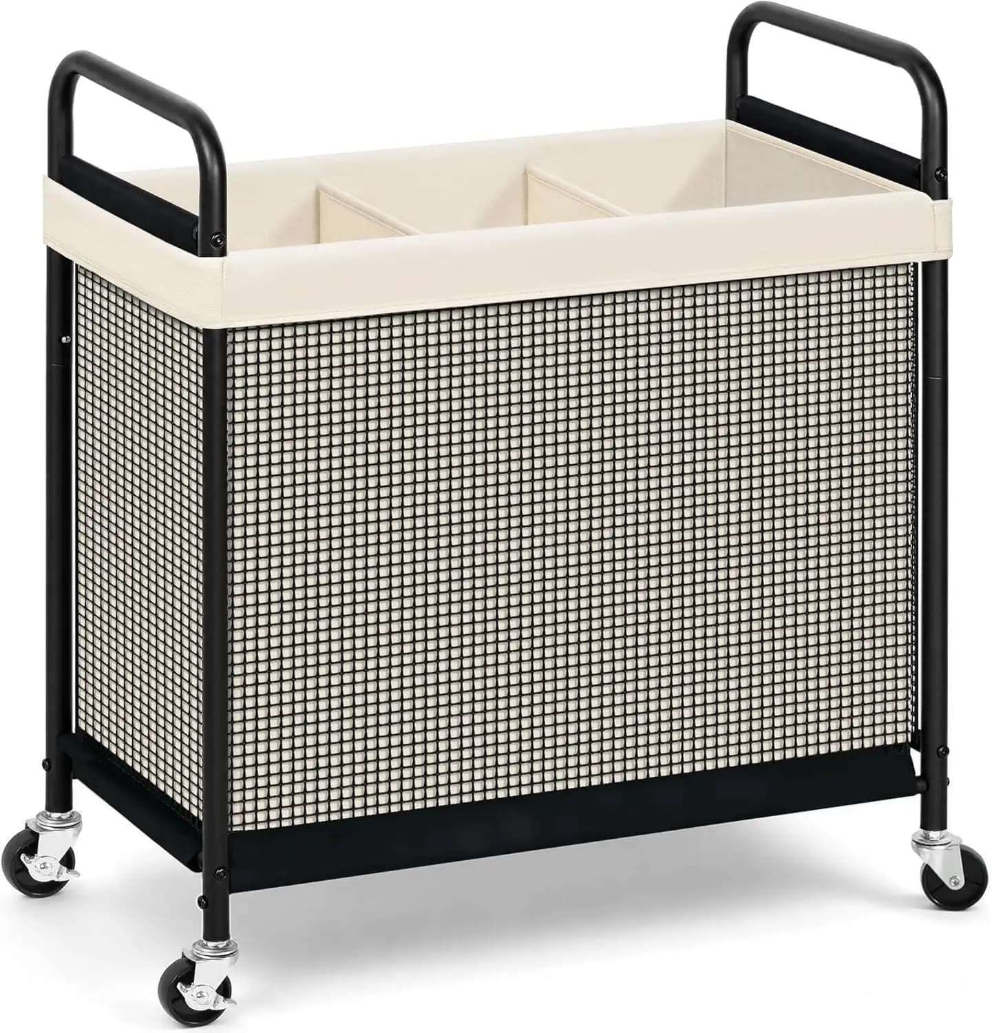 Cesto Portabiancheria con Ruote e 3 Scomparti, con Sacchi Rimovibili, per Camera da Letto e Bagno, 120L, Beige
