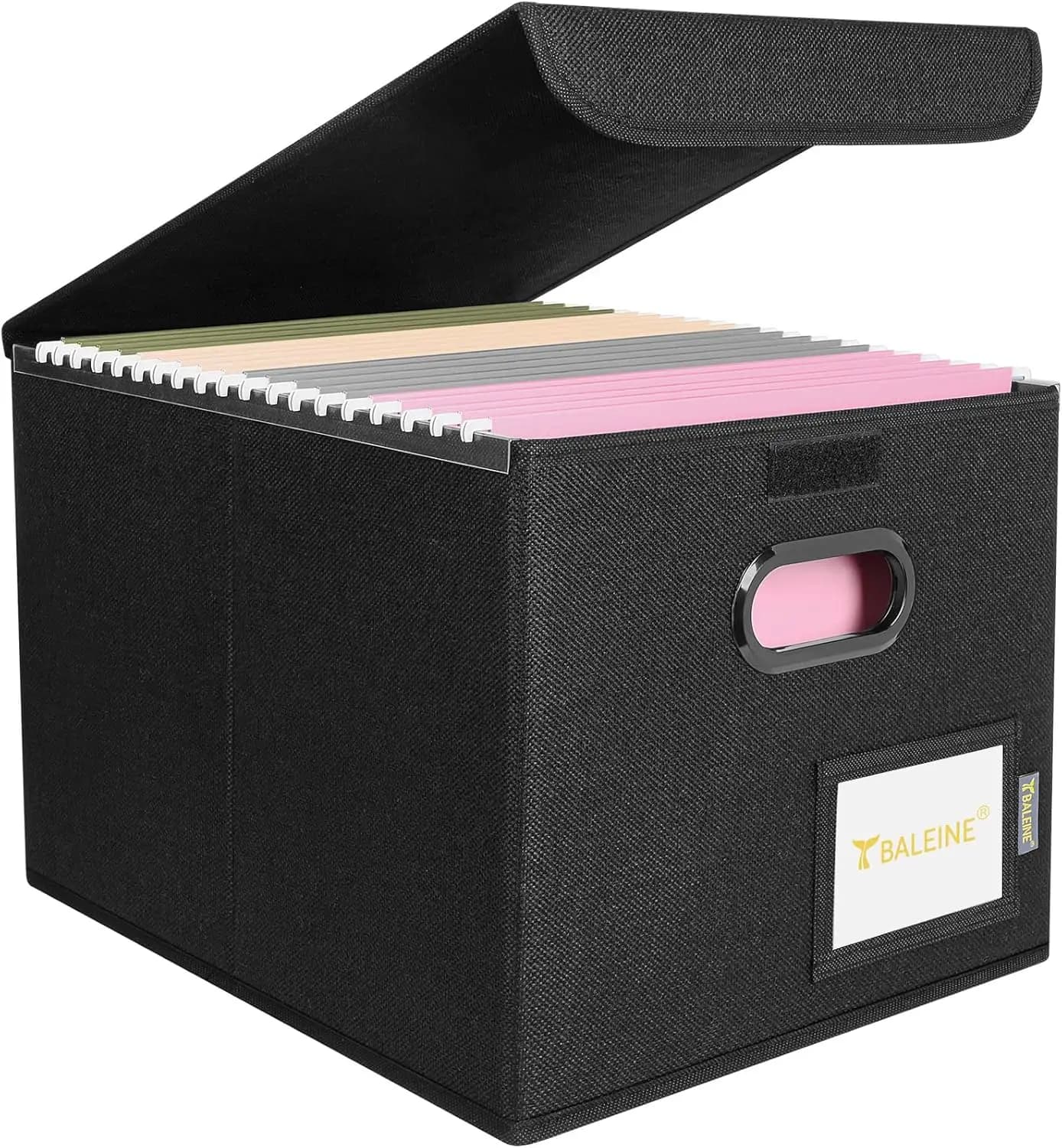 Collapsible File Organizer Box with Lid, Hanging Folder Holder for Office Document Storage, Black