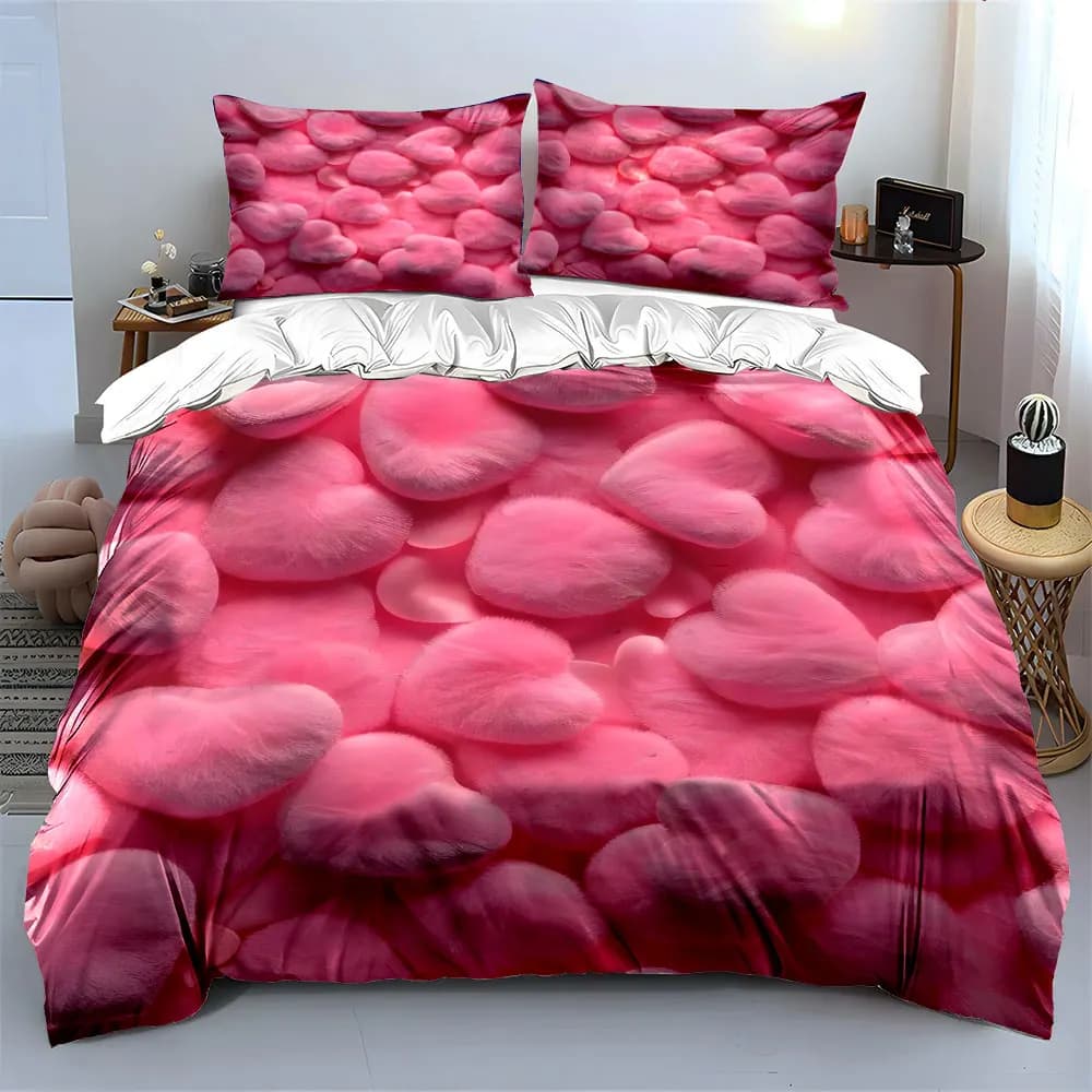 Set Tre Pezzi con Decorazione a Cuore Rosa, Morbido Set di Biancheria da Letto Delicato sulla Pelle, Include 1 Copripiumino e 2 Federe, Regalo