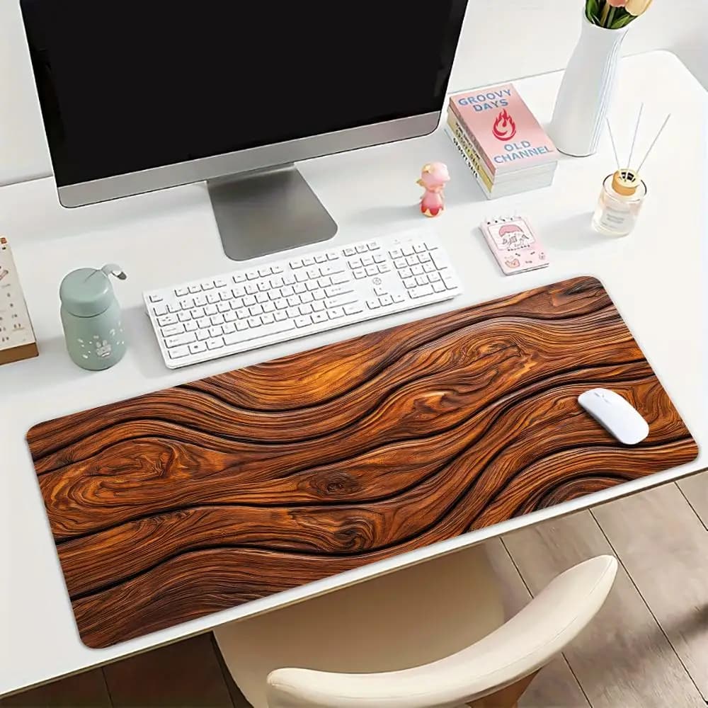 Tappetino per mouse grande con motivo a venature del legno, tappetino da scrivania antiscivolo, resistente, tappetino per ufficio e gaming con bordo cucito e stampa HD.