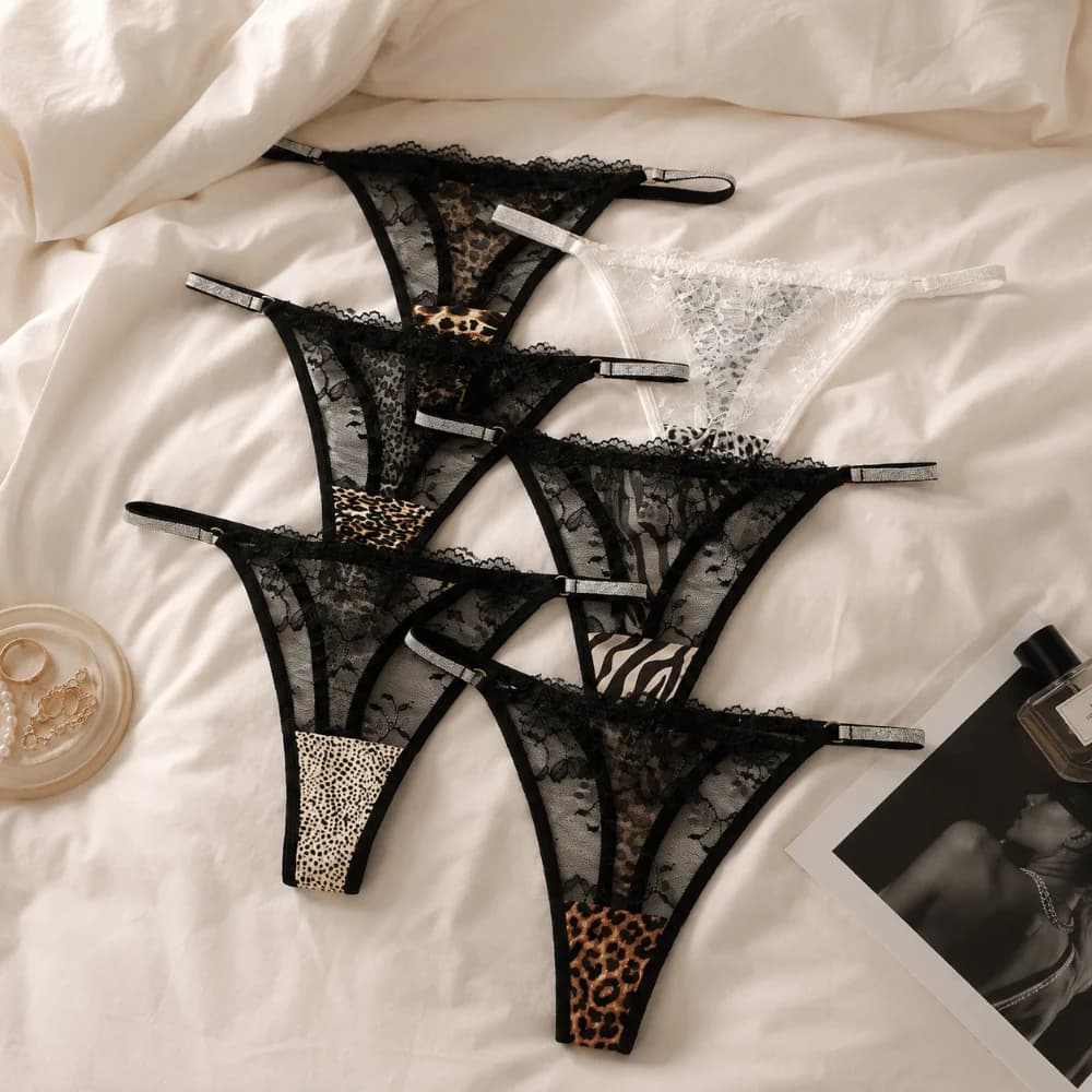 Underpants T-back Ladies' Underwear Mesh Lingerie Lace Briefs Transparent Crystal Belt Leopard Print Thong Female