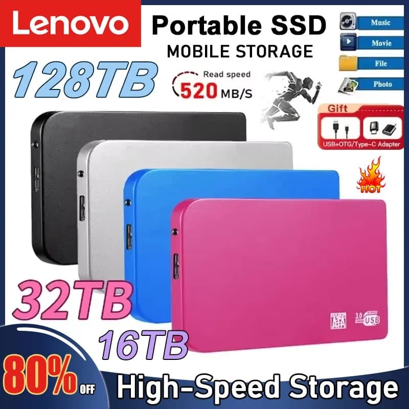 Lenovo SSD da 256TB ad Alta Velocità, Enclosure USB 3.0 per Unità SSD Portatili, Custodia per Disco Rigido Esterno con Cavo USB 3.0 in ABS
