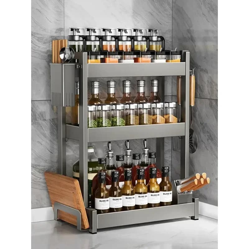 Portaspezie da Cucina Multifunzionale con Portacoltelli e Portabacchette, Scaffale di Stoccaggio Multistrato da Tavolo