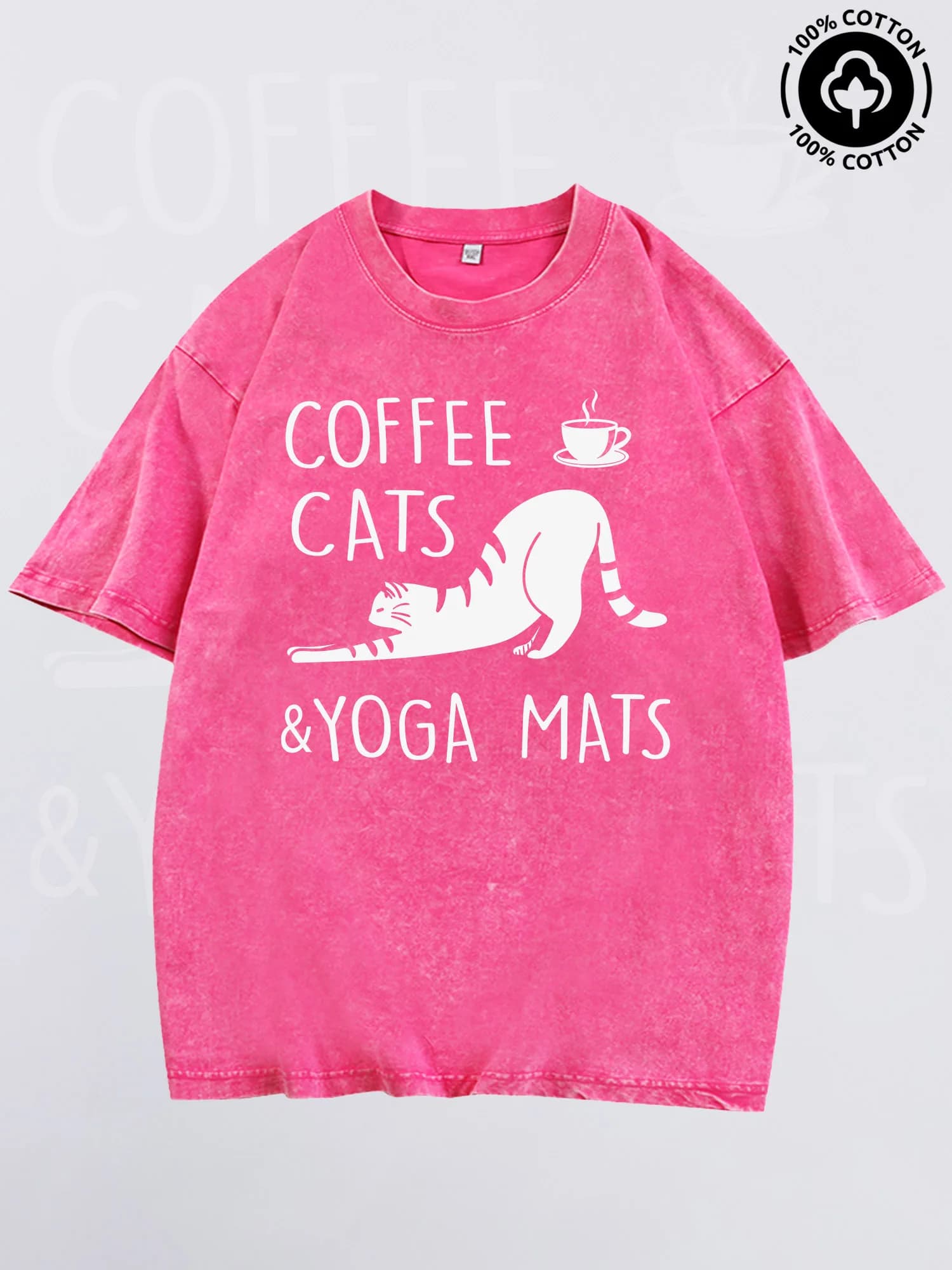 Coffee Cats & Yoga Mats, vintage pink t-shirt in pure cotton, lightweight t-shirt with shoulders