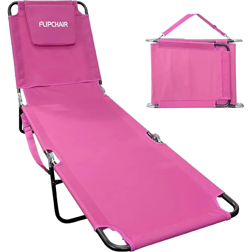 Sedia a Sdraio Reclinabile con Supporto per Due Gambe, Cuscino in Poliestere e Poggiatesta per Spiaggia, Giardino, Patio, Piscina, Campeggio, Rosa