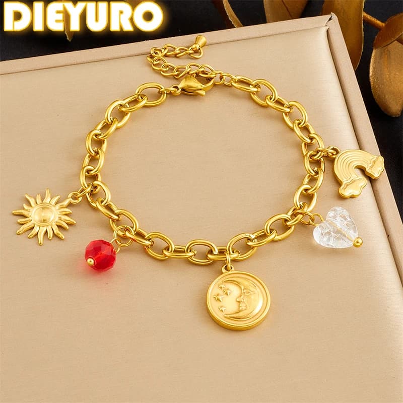DIEYURO Bracciale con ciondolo a forma di cuore in cristallo dorato con sole luna arcobaleno in acciaio inossidabile 316L da donna, nuovo regalo di gioielli con catena da polso classica