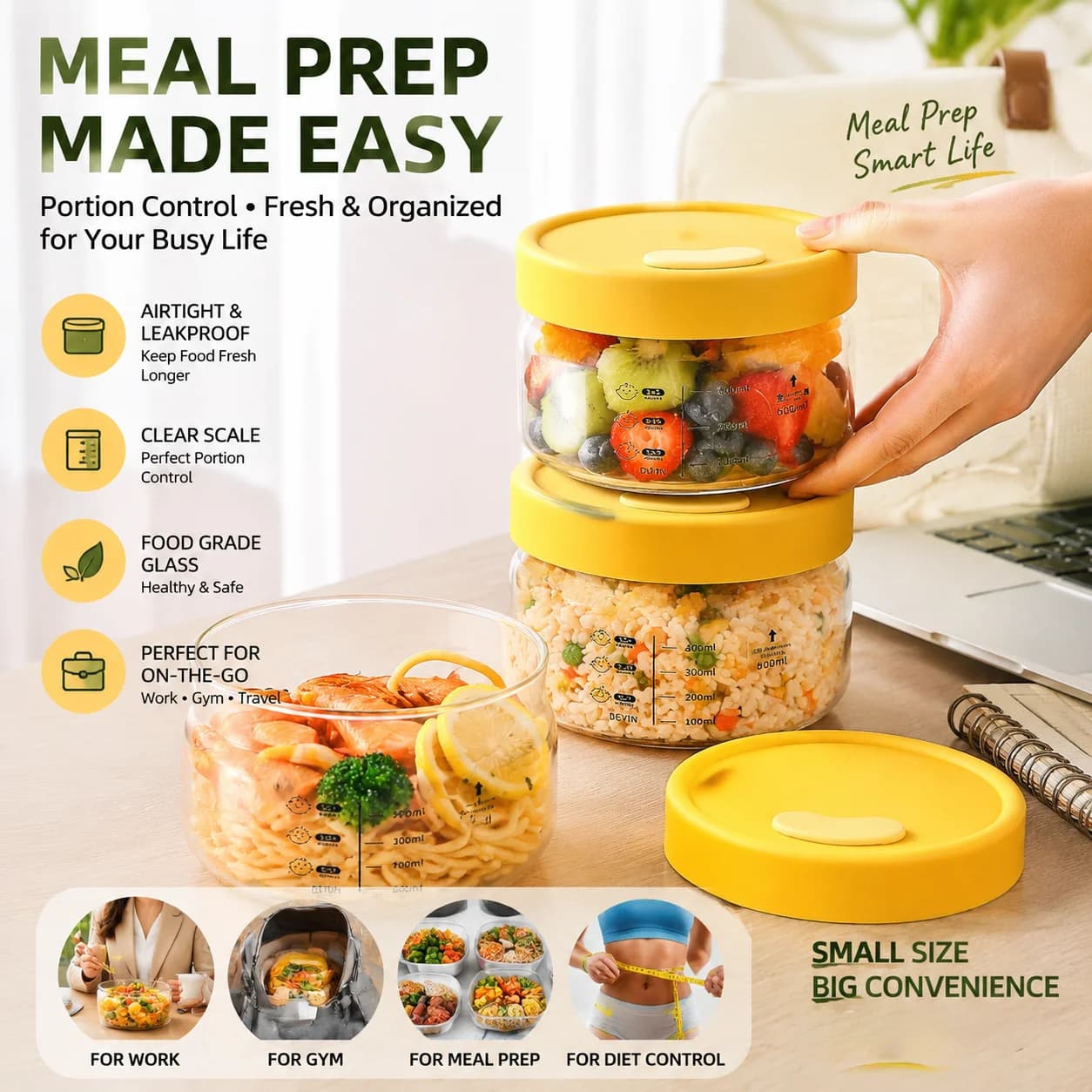 Contenitori in Vetro con Coperchi in Silicone – Vetro Borosilicato per Alimenti, Ermetici, Lavabili in Lavastoviglie, per Preparazione Pasti, Cucina