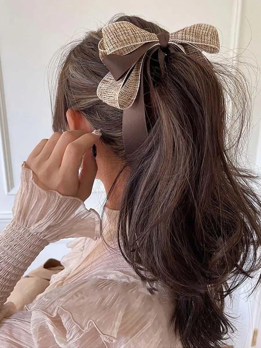 Ribbon Bow Banana Hair Clips For Women Girl,1PC Vertical Ponytail Claw Clip Korean Style Bowknot Ponytail Claw For Thick Hair
