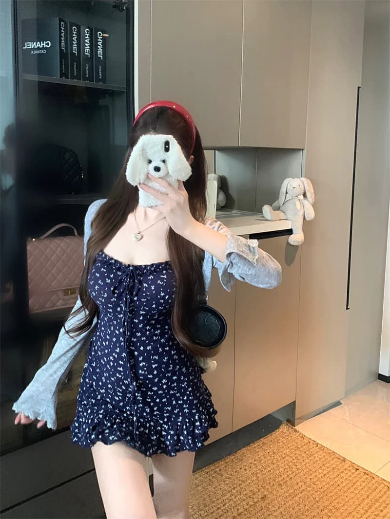 Floral Print Halter Dress with Shorts Women's Summer Gentle Style Three-Piece Set Gray Sunscreen Cardigan Slimming Inner Wear