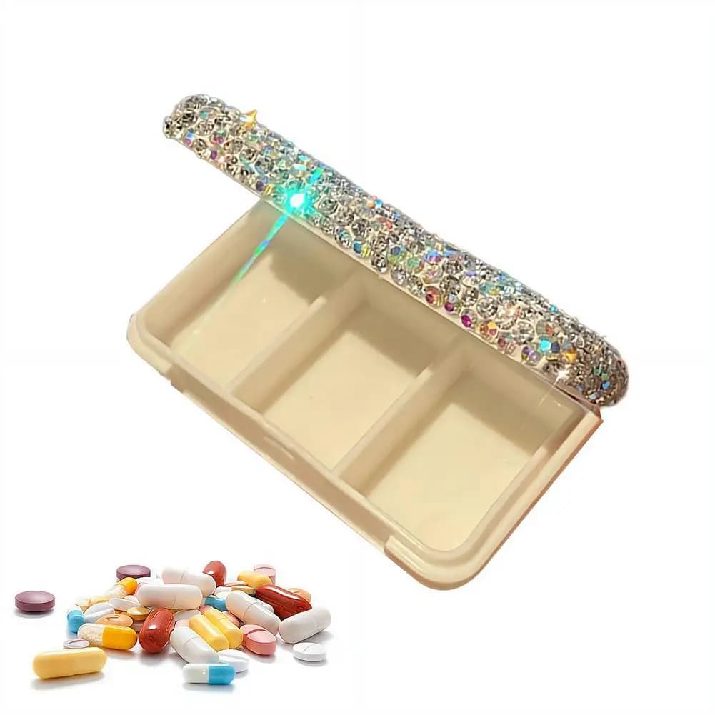 Portapillole Scintillante con Strass, 3 Scomparti, Contenitore Portatile per Medicinali, Lussuosa Scatola Glitterata per Vitamine e Integratori Quotidiani