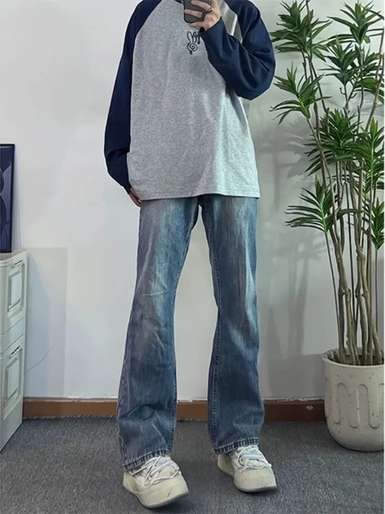 Deep Blue Men's Jeans Extended Length Autumn Faion American Straight Leg Bell Bot Versatile High-End Feeling