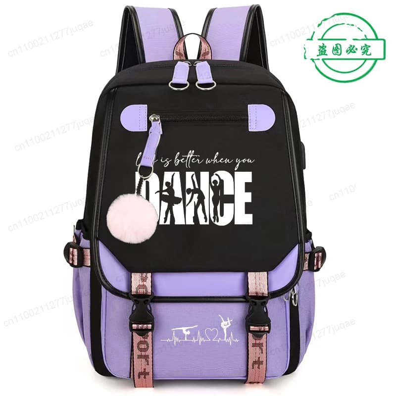 Zaino per la scuola elementare per ragazze, zaino divertente per la danza, borsa a tracolla con cerniera per adolescenti, borsa da scuola per ragazze, zaino da ballo rosa e nero