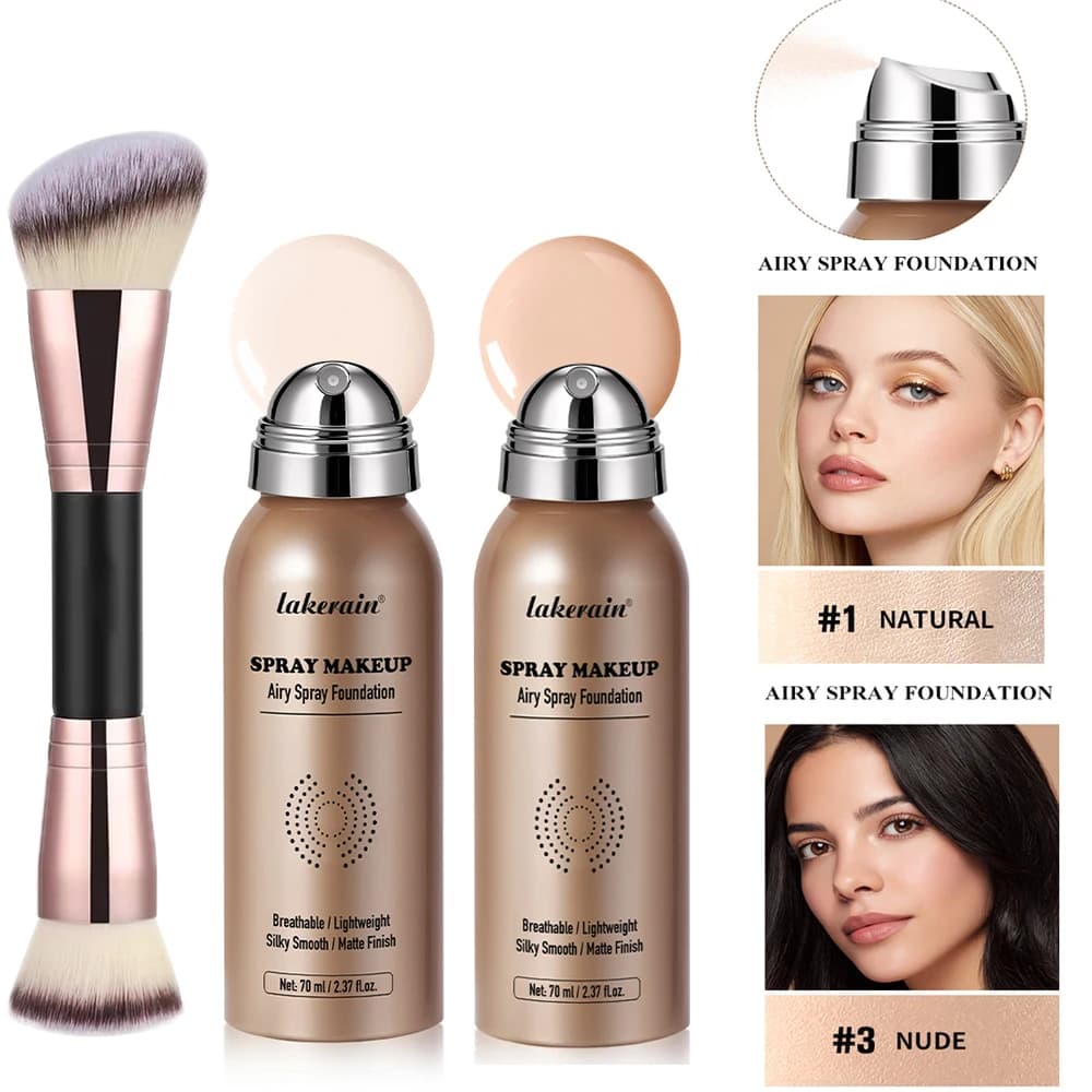 2 flaconi di fondotinta spray con pennello Magic Airbrush Makeup da 70 ml, a lunga durata, impermeabili, con controllo dell'olio, effetto opaco, copertura totale