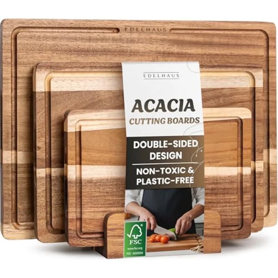 Set di 3 Taglieri in Legno di Acacia per Cucina, Non Tossici, con Scanalatura Profonda per Succhi, Ideali per Carne e Formaggio