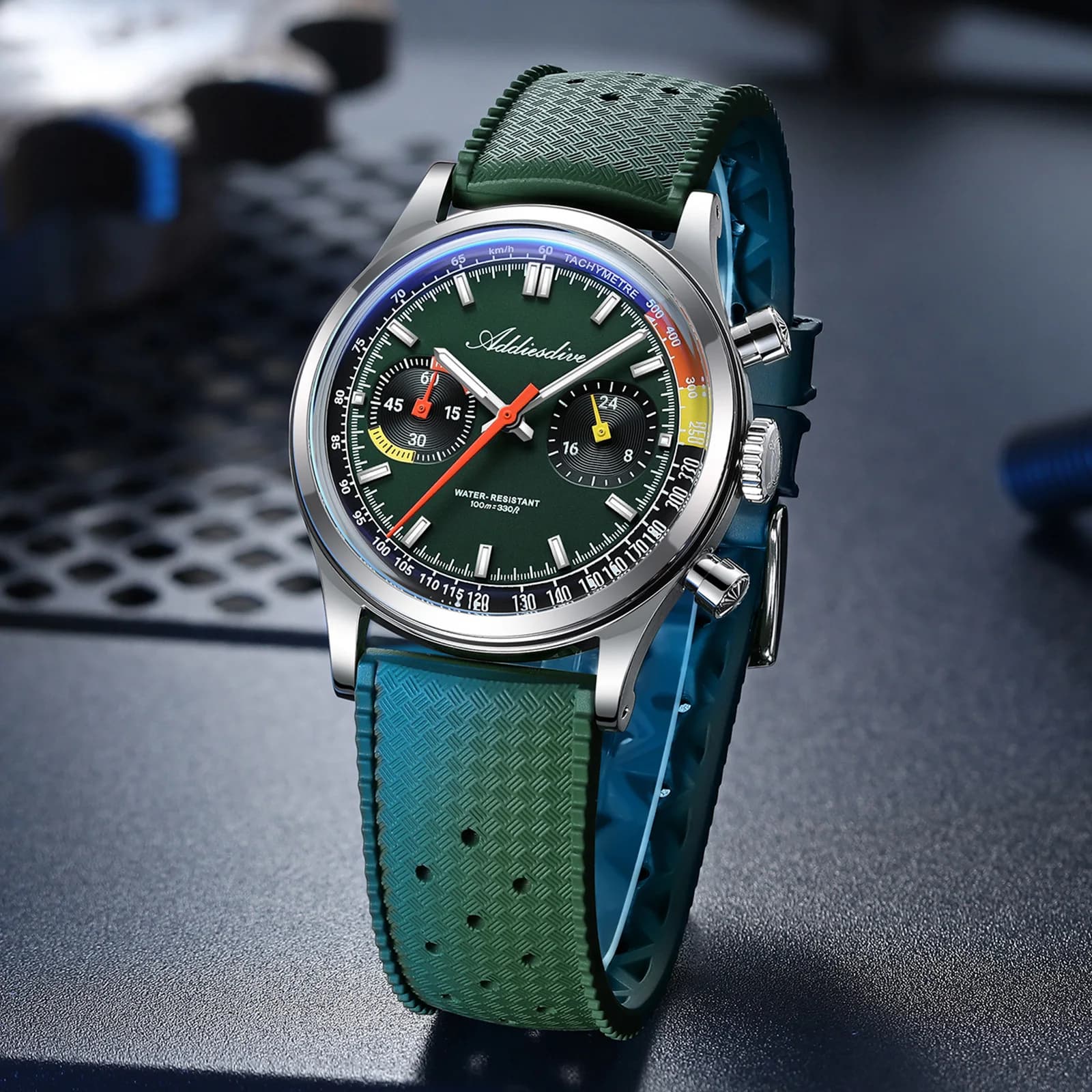 ADDIESDIVE New Men's Watch with Bubble Glass, Fluorurate Rubber Chronograph, VK64 Quartz Movement, Bright BGW9, Waterproof AD2529
