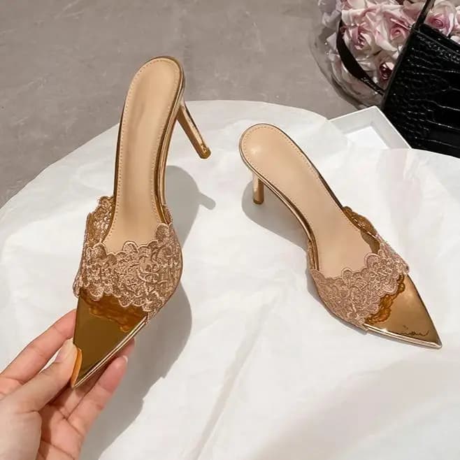 Summer Fashion Women's High-Heeled Slip-On Lace Comfortable Pure Color Sexy Street-Wearable Ladies Slippers