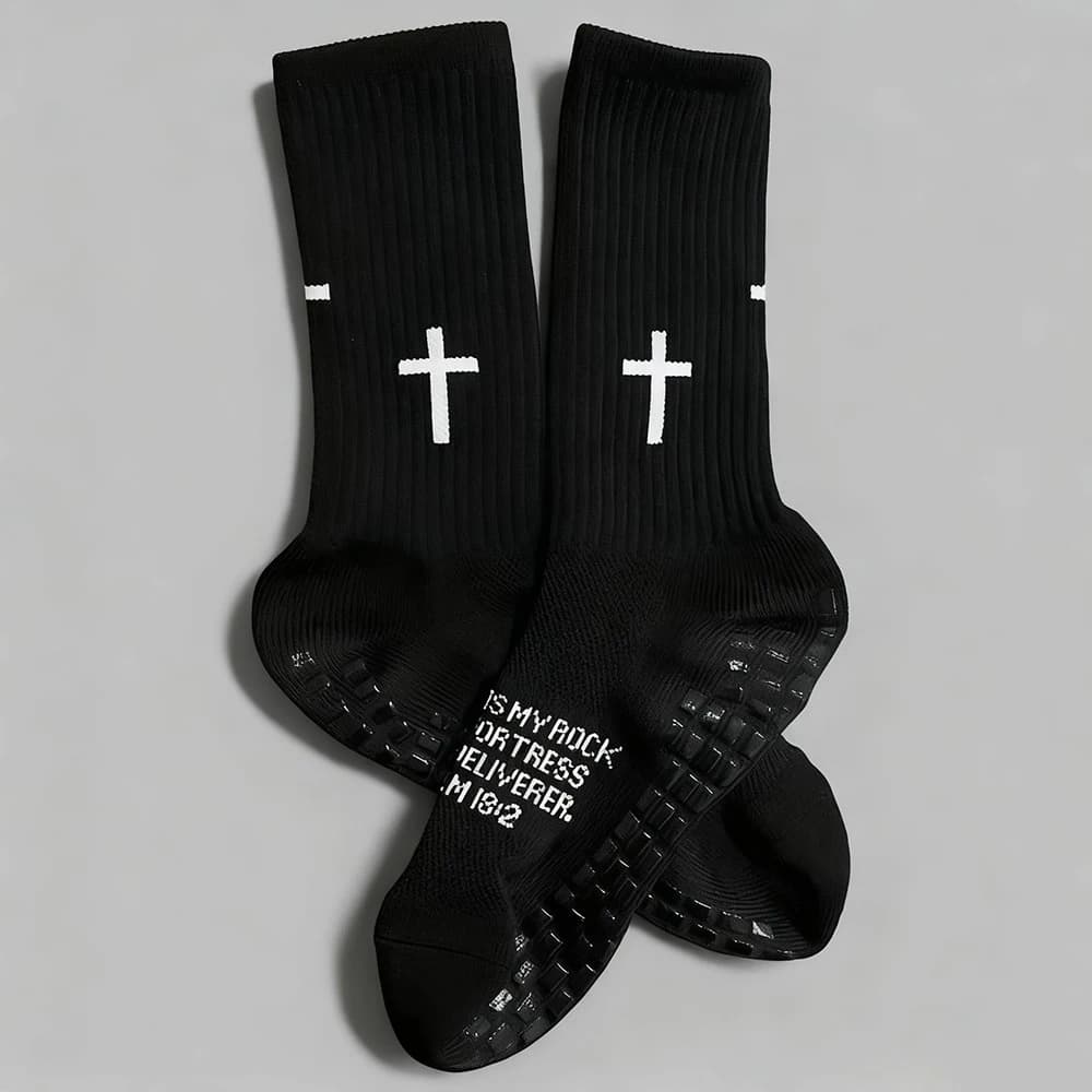Comfortable Casual Non Slip Football Socks Cross Printed Sports Socks Black Professional Training Middle Tube Glue Anti Slip