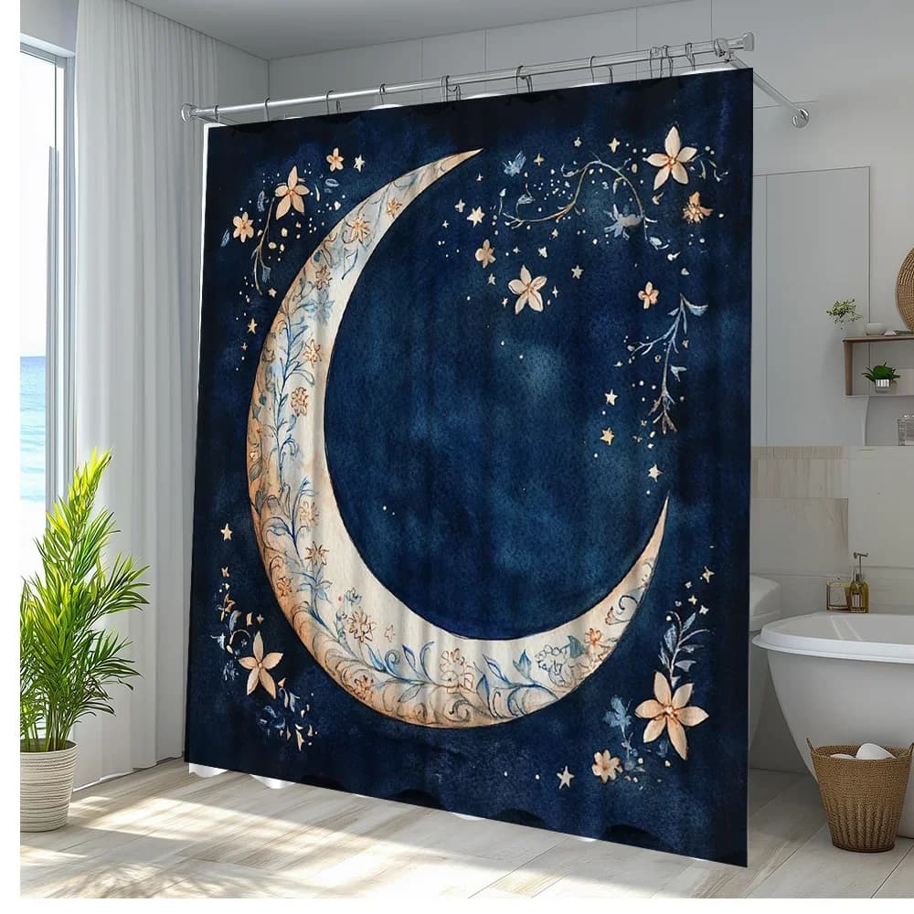 Tenda da doccia floreale lunare da 1 pezzo - Elegante stampa artistica floreale celeste, arredamento per il bagno sereno, tessuto in poliestere lavabile in lavatrice