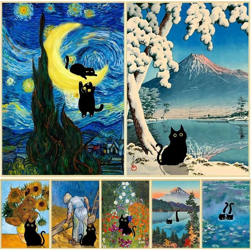 Diamond Painting Kit Van Gogh Starry Night With Cat And Monet Water Lilies 5D Full Drill Mosaic For Art Lovers Gift