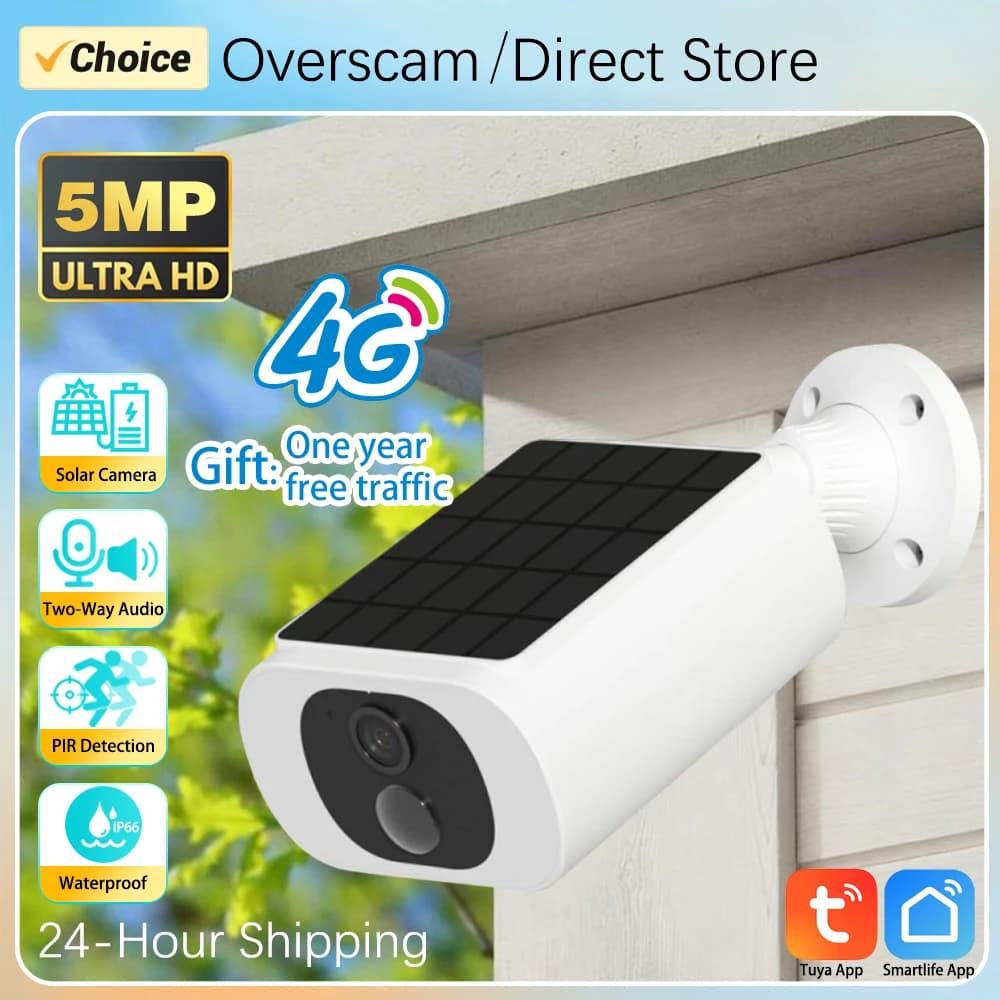 Telecamera Solare 4G con Un Anno di Dati Gratuiti, 5MP, Tuya Smartlife, per Esterni, con Rilevamento Movimento PIR, Compatibile con Alexa/Google Home