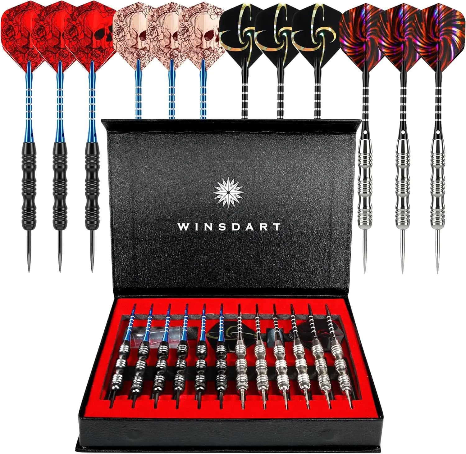 Set di freccette con punta in acciaio, corpo antiscivolo, aste in alluminio, alette, affilatore e confezione regalo - Confezione da 12