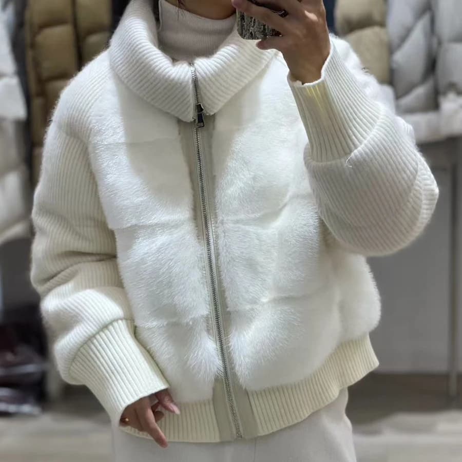 Cashmere Wool Mink Down Coats Short Natural Fur Puffer Jacket With Collar Bomber Jacket Luxury Winter Down Coat For Women