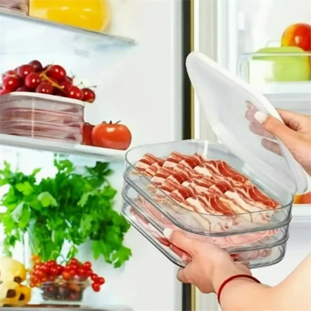Contenitore per Bacon e Salumi da Frigorifero, Contenitori Impilabili per Preparazione Pasti, Quattro Livelli, 2 Pezzi