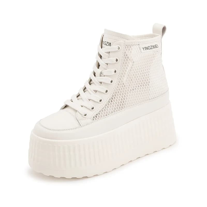 Scarpe Bianche con Suola Spessa 8cm per Donna, Nuove Sneakers Casual Estive 2026 con Rete Traforata e Tomaia Alta, Scarpe Chunky Versatili di Tendenza