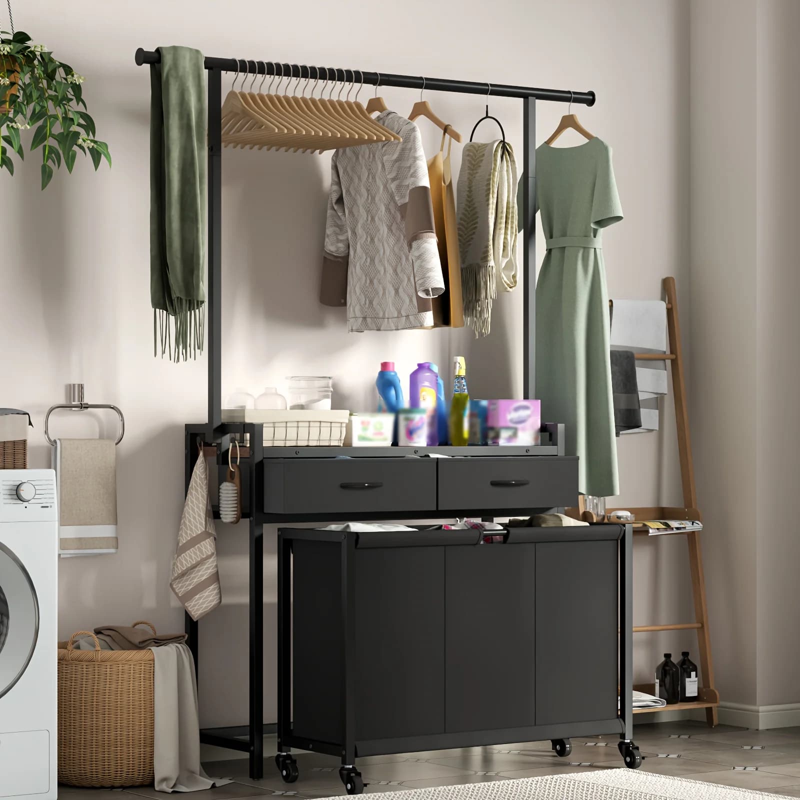 3-Section Rolling Laundry Hamper with Drawers - Laundry Sorter with Pull-Out Bags & Storage for Bathroom, Bedroom, Laundry Room (Rustic Brown), Laundry Baskets