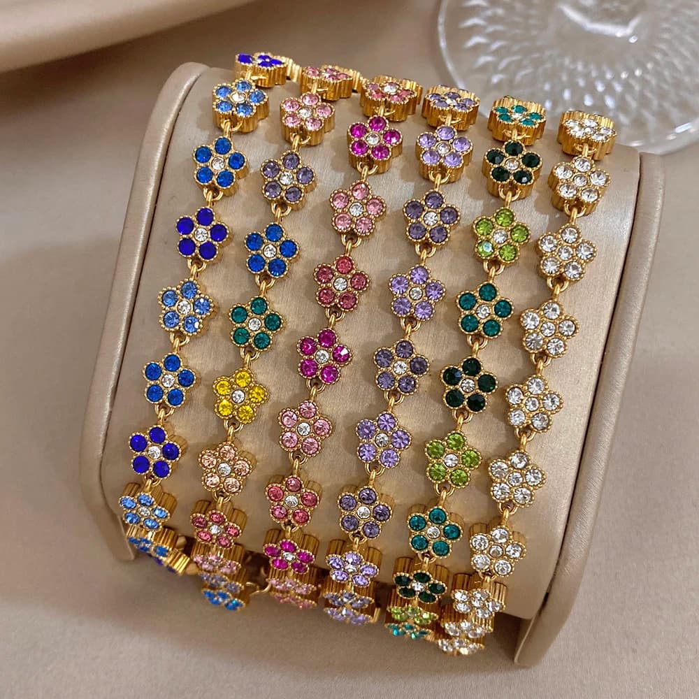 Fashion Gold Plated Multicolor Stainless Steel Clover Bracelet Shiny Rhinestone Flower Charm Link Bracelet Jewelry For Women