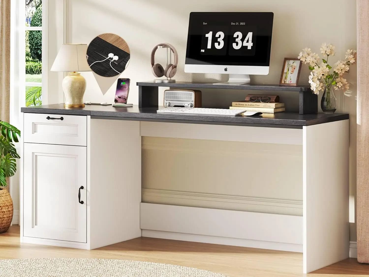 63" Farmhouse Executive Desk with Drawers Power Outlets Monitor Stand Storage Cabinet Printer Shelf Antique White, Customized