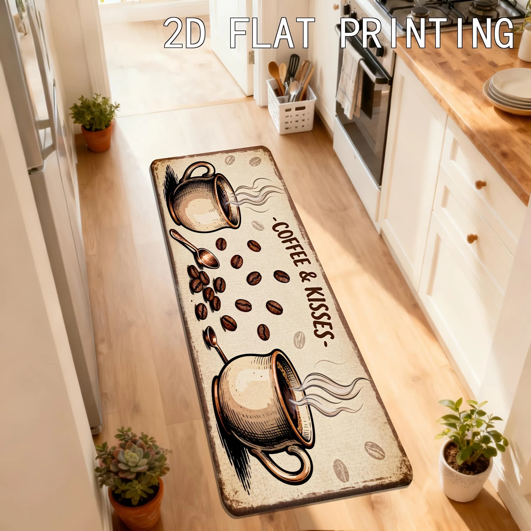 Warm Vintage Distressed Coffee Cup Bean Text Runner Rug, Non-Slip Kitchen Rug for Kitchen, Living Room, Bathroom & Daily Holiday