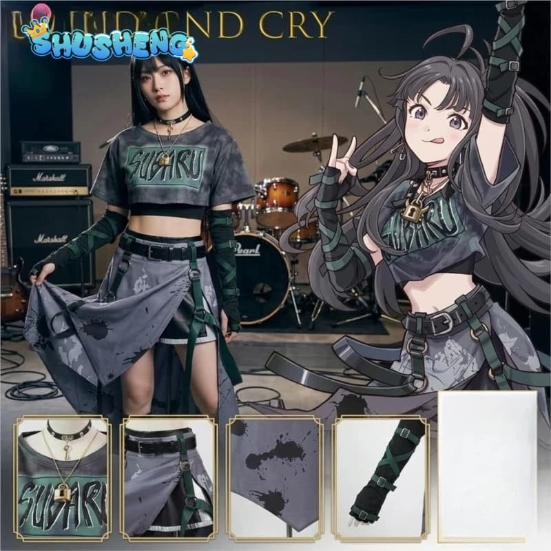 Costume Cosplay Anime Girls Band Cry Awa Subaru Nuovo completo casual da uomo e donna con top, gonna, guanti e calzini per feste di Halloween