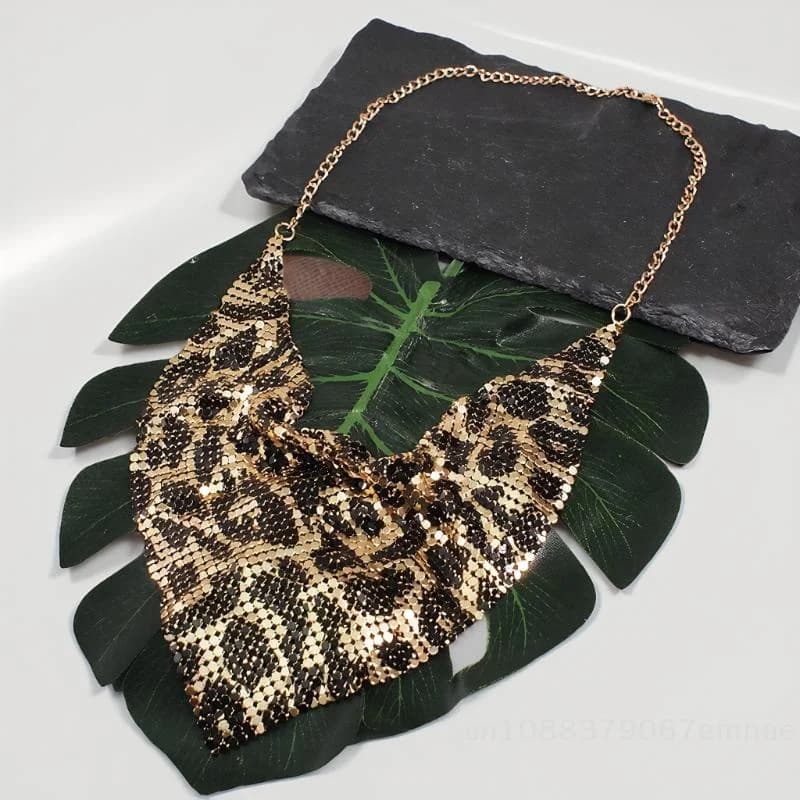 [ZYAS]Fashion Leopard Sequin Choker & Earring Set Shining Triangle Scarf Indian Style Sexy Sequined Necklace