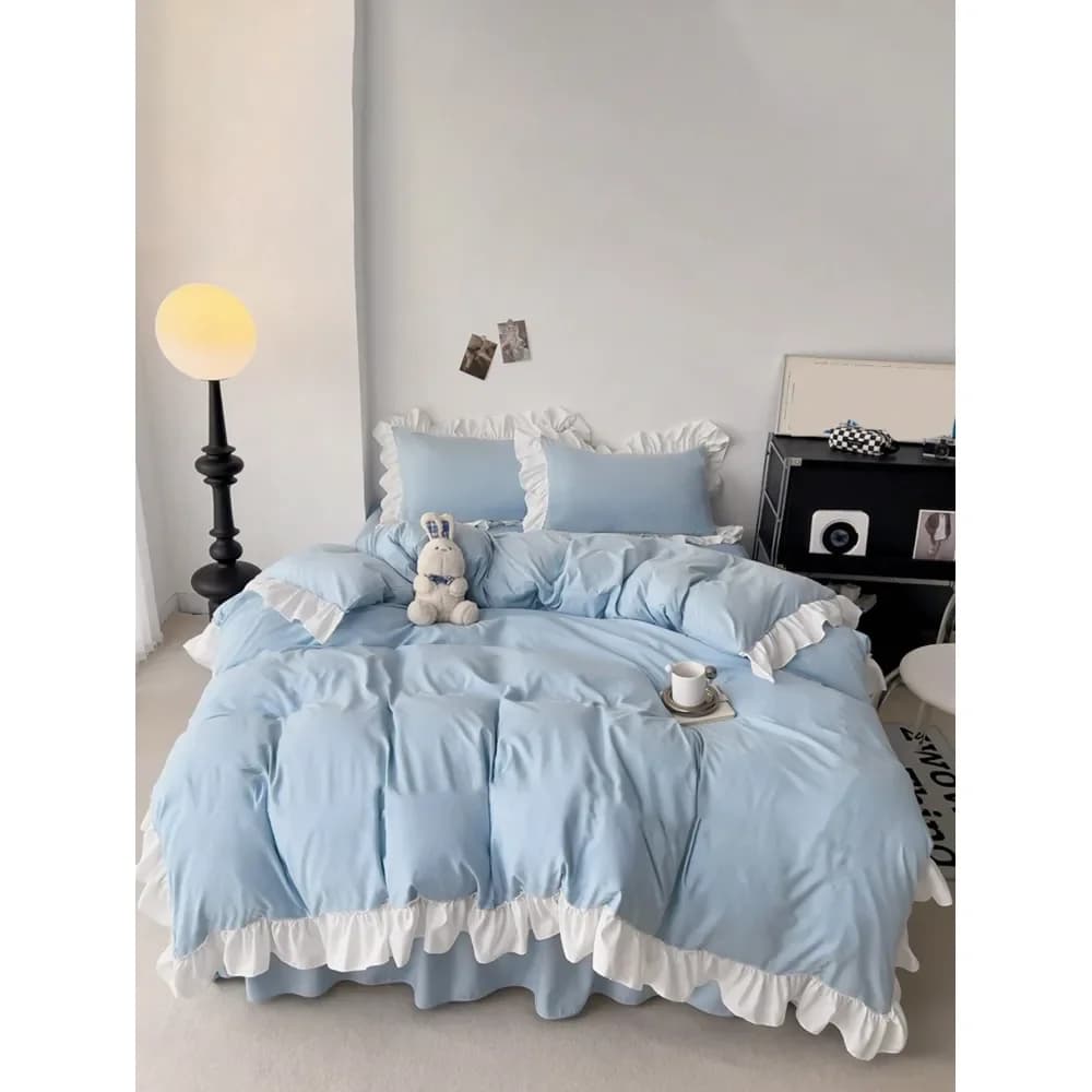 Set Copripiumino Floreale Morbido con Volant per Camera da Letto, Azzurro