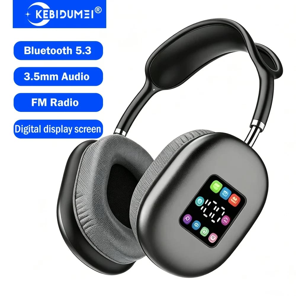KEBIDUMEI Cuffie Bluetooth 5.3 con schermo a colori ANC HIFI Stereo Auricolari wireless Radio FM Auricolari over-ear da 3,5 mm AUX